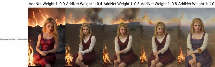 1girl, masterpiece, best quality,realistic,hand on own knee,cloud,blonde hair,looking at viewer, field, dawn,ruins, sad face,(surrounded by fire), straight hair, adult,Bouguereau,((burning clothes, torn clothes,buring dress,torn dress)),upper body