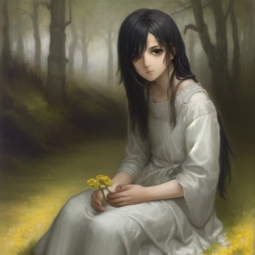 masterpiece, best quality,sadako_yamamura, <lora:Sadakobest:1>, white dress,<lora:bouguereauStyle_bouguereauV1:1>, sitting in a yellow flower field, beside a beautiful birch tree,