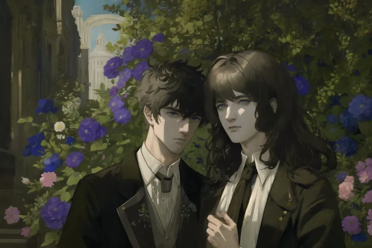 ((masterpiece:1.2, best quality)), ((two men)), ((male)), men, adult, mature, tall, messy hair, (light color hair), (victorian), (handsome:1.4), Fantastic light and shadow, Scenery, flowers, extremely detailed face, portrait, face_focus,
<lora:lottalewdsBagsUnder_v1:1> <lora:bouguereauStyle_bouguereauV1:0.8>