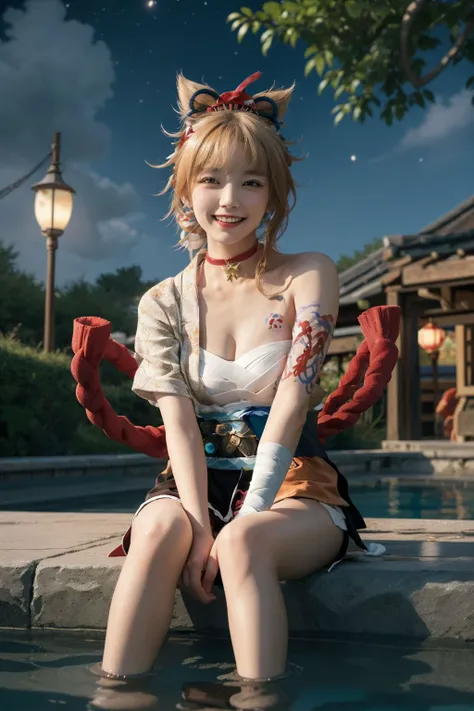 <lora:yoimiya:1>, 1girl, yoimiya \(genshin impact\), blonde hair, ponytail, hair ornament, yellow eyes, choker, bandages, cleavage, chest tattoo, arm tattoo, bandaged arm, rope, shimenawa, kimono, japanese clothes, hadanugi dousa, single glove, obi, sash, vision (genshin impact), pouch, kinchaku, bandaged leg, fireworks, grin,
partially submerged, pool, from below, masterpiece, best quality, highly detailed, beautiful detailed sky,
night, stars, (red plum blossom), ((winter)), (((snowflakes))), ((red and white flowers)), (starry sky), (sitting), ((colorful)), scenery, lantern, (starfall),