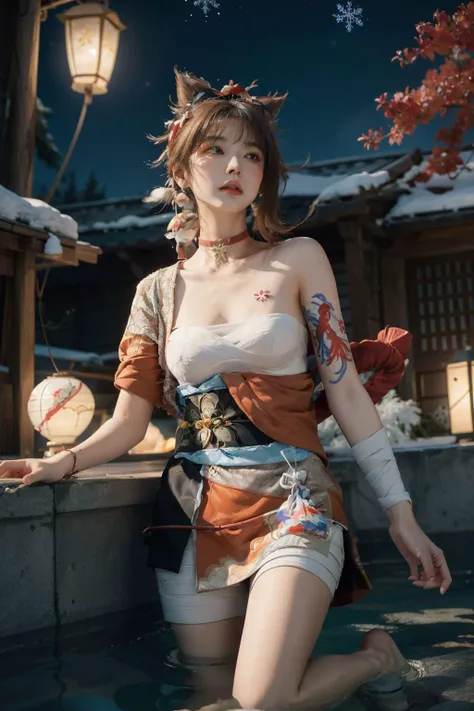 masterpiece, best quality, highly detailed, <lora:yoimiya:1>, 1girl, yoimiya \(genshin impact\), blonde hair, ponytail, hair ornament, yellow eyes, choker, bandages, cleavage, chest tattoo, arm tattoo, bandaged arm, rope, shimenawa, kimono, japanese clothes, hadanugi dousa, single glove, obi, sash, vision (genshin impact), pouch, kinchaku, bandaged leg,
partially submerged, pool, from below, beautiful detailed sky,
night, stars, (red plum blossom), ((winter)), (((snowflakes))), ((red and white flowers)), (starry sky), lantern, (starfall),
<lora:Maeylin:0.6>