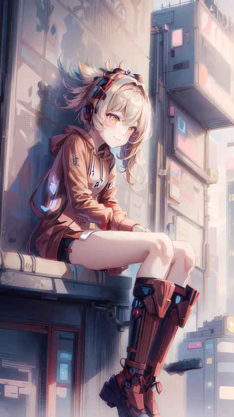 1girl, yoimiya \(genshin impact\), long hair, hair blowing in the wind, (red cyber hoodie:1.6), white pantyhose, sits on the edge of the building, portrait, smile softly, looks down, kawaiitech, pastel colors, kawaii, cute colors, <lora:KawaiiTech:1> <lora:add_detail:1> <lora:yoimiya:1>
