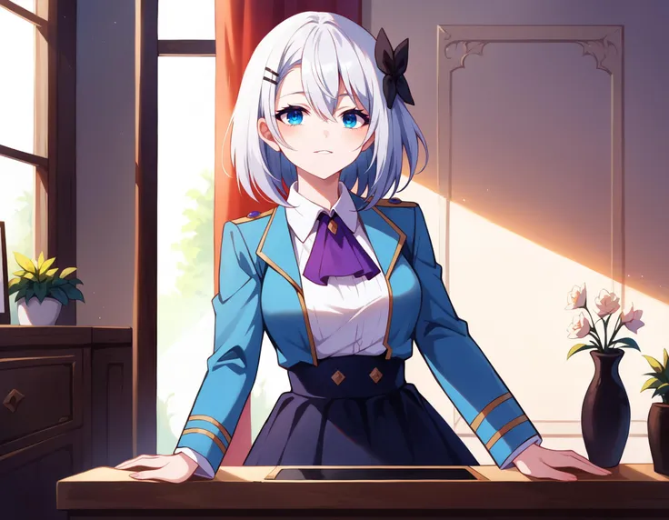 score_9, score_8_up, score_7_up, zPDXL2,
1girl, SakunaMemoir, grey hair, bangs, hair between eyes, medium hair, blue eyes, hair ornament, hairclip, hair bow, collared shirt, long sleeves, purple ascot, blue jacket, black skirt, parted lips, smile, narrow waist,
indoors scenery,
fixl-art
 <lora:SakunaMemoirPDXL:0.8>