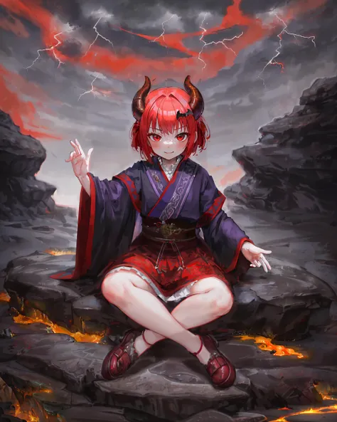 (masterpiece, best quality:1.1), highly detailed,
(from front, straight on:1.2),
1girl with short red hair sitting on an altar outdoors at night , <lora:satania:0.25> satania,  frown, smile, gray and red cloudy sky, weathered robe, (small demon horns:1.1), full body, outstretched arms, 
(lava pits:1.1), hills, rocks,