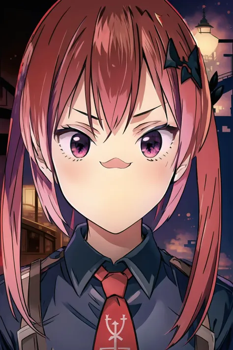 best quality, intricate details,

 1girl, <lora:satanichiaFromGabriel_v10:0.8> Satania, purple eyes, red hair, black shirt, red tie, 

 <lora:noNose_:0.8> <lora:noNose_nevernose:0.8>