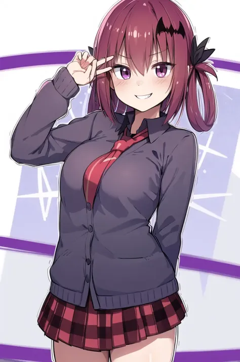 masterpiece, best quality, school, purple eyes, wicked smile, <lora:satania:0.8>