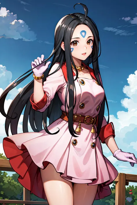 masterpiece, best quality, highres, hmskuld, black hair, facial mark, forehead mark, ahoge, gloves, jewelry, dress, <lora:skuld_v1:0.7>, cowboy shot, standing
