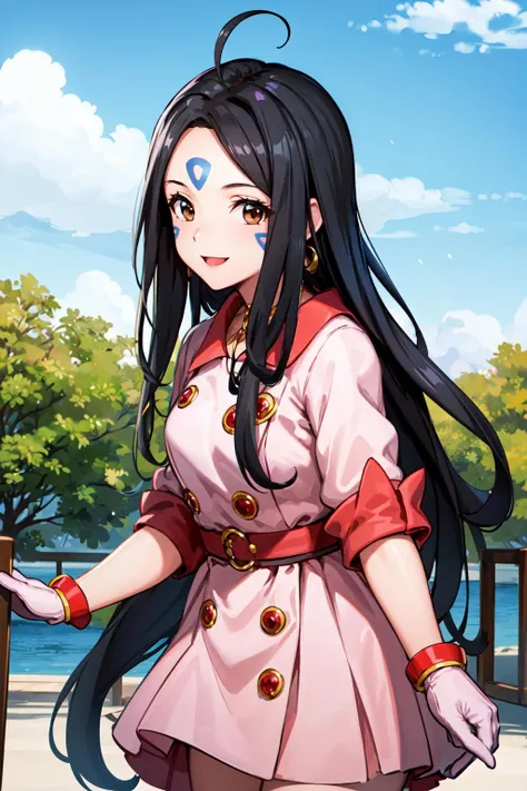 masterpiece, best quality, highres, hmskuld, black hair, facial mark, forehead mark, ahoge, gloves, jewelry, dress, <lora:skuld_v1:0.7>, cowboy shot, smile, standing