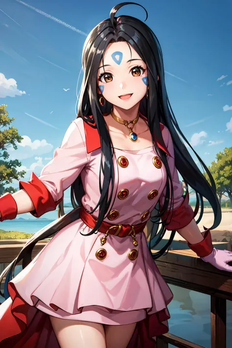 masterpiece, best quality, highres, hmskuld, black hair, facial mark, forehead mark, ahoge, gloves, jewelry, dress, <lora:skuld_v1:0.7>, cowboy shot, smile, standing