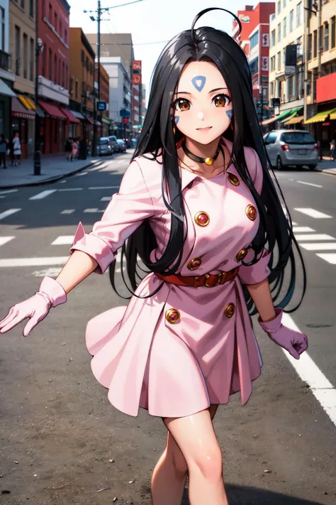 masterpiece, best quality, highres, hmskuld, black hair, facial mark, forehead mark, ahoge, gloves, jewelry, dress, <lora:skuld_v1:0.7>, walking, street, cowboy shot,