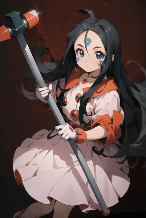 (8k, masterpiece, best quality, official art),
1girl, solo,
kawaii, cute, very big eyes, Aesthetic Anime Eyes, small face,
hmskuld, black hair, facial mark, forehead mark, ahoge, white gloves, jewelry, dress,
red hammer, white handle, holding hammer,
<lyco:skuld_v1:0.7>,