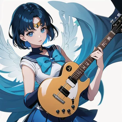 (masterpiece), 1girl, sailor mercury, blue eyes, blue hair, short hair, (parted bangs:1.5), playing instrument, heavenly song  <lora:sailormercury-lyco-nochekaiser:1>