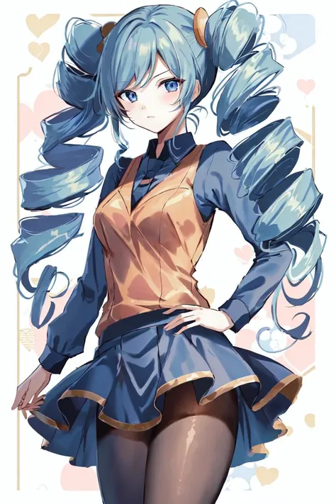 masterpiece, best_quality, 1girl, solo, acebw, orange vest, blue skirt, drill hair, long sleeves, pantyhose,