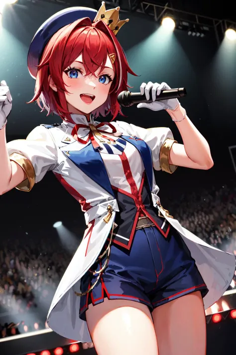 masterpiece, best quality, highres, eeange, short hair, streaked hair, hat, blue headwear, crown, hairclip, neck ribbon, red ribbon, white jacket, short sleeves, puffy sleeves, blue gloves, blue shorts, <lora:ange_katrina_v1:0.7>, standing, cowboy shot, outdoor, stage, holding microphone, smile, open mouth,