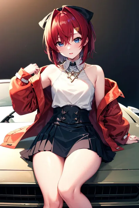masterpiece, best quality, highres, bbange, short hair, hair bow, hairclip, necklace, sleeveless shirt, white shirt, red jacket, off shoulder, sleeves past wrists, long sleeves, black skirt, high-waist skirt, <lora:ange_katrina_v1:0.7>, sitting, car,