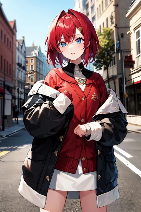 masterpiece, best quality, highres, bbange, short hair, hair bow, hairclip, necklace, sleeveless shirt, white shirt, red jacket, off shoulder, sleeves past wrists, long sleeves, black skirt, high-waist skirt, <lora:ange_katrina_v1:0.7>, smile, cowboy shot, standing, street,