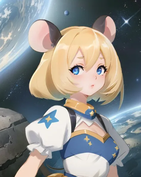 ((best quality)), ((highly detailed)), masterpiece, extremely detailed face, beautiful face, (detailed eyes, deep eyes), (1girl), upper body, <lora:hairdetailer:.8>, (mouse girl), mouse ears, mouse tail, (stars, galaxies, space, asteroids, planets), <lora:EnvyBeautyMix34:1>