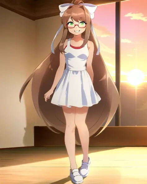 ((best quality)), ((highly detailed)), masterpiece, (detailed eyes, deep eyes), (1girl), (glasses), full body, <lora:MonikaV1:.65>, Monika_(doki doki literature club), (green eyes), brown hair, bangs, very long hair, long hair, ponytail, sidelocks, hair bow, white bow, grin, white sundress, sunset, (indoors, at a gymnasium), <lora:EnvyBeautyMix34:1>