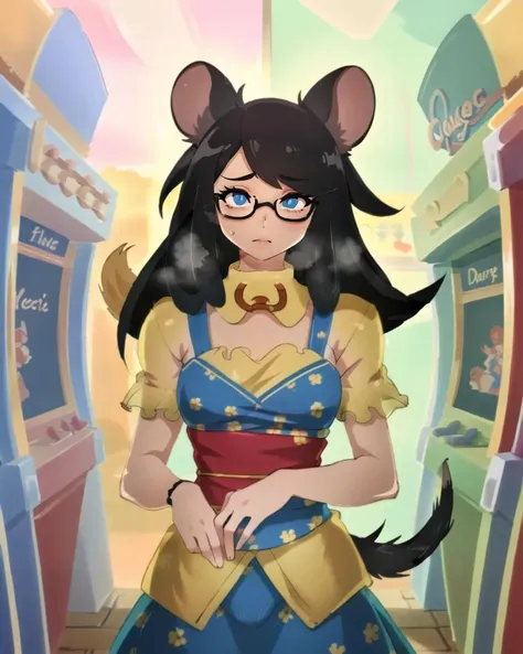 ((best quality)), ((highly detailed)), masterpiece, extremely detailed face, beautiful face, (detailed eyes, deep eyes), (1girl), (glasses), cowboy shot, <lora:aiomonstergirls_loraLocon:1>, (rat girl), rat ears, rat tail, (inside, at an arcade), <lora:EnvyBeautyMix34:1>