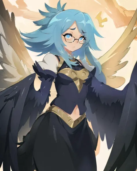 ((best quality)), ((highly detailed)), masterpiece, detailed face, beautiful face, (detailed eyes, deep eyes), (1girl), (glasses), cowboy shot, <lora:aiomonstergirls_loraLocon:.4>, <lora:animeHarpy_v10:1>, (harpy), feathers, talons, wings, (in a castle), <lora:EnvyBeautyMix34:1>