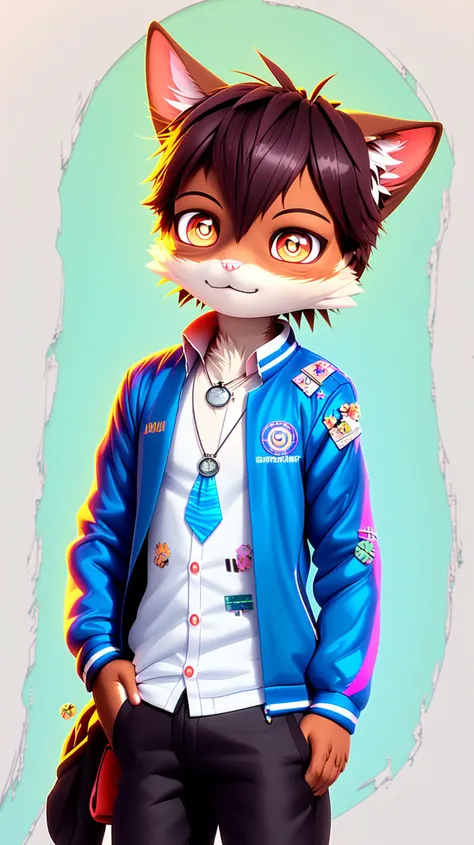 Tiny cute, <lora:SuperBolinha2_24_08_2023V2_STEPS200:1> (SuperBolinha2), (3d), (full_body), (full body photo), in a cutaway box, soft smooth lighting, soft colors, 100mm lens, 3d blender render, (pendant), (Colorful clothes and full of stickers:1.4), Jan Matejko, Ross Tran, Denis Sarazhin, (button-up shirt, track jacket, suit), uploaded to e621, explict content, (fluffy fur texture), multicolored body, (detailed pupils and eyes), (long fur), male, cat, solo, orange eyes, Dark Simple background, (((Solo)))