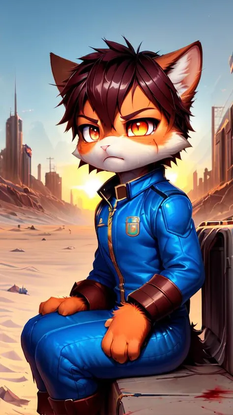 best quality, high quality, extremely detailed 8k wallpaper, detailed, lighting, realistic, beautiful, <lora:vaultsuit:0.50> vaultsuit, pipboy3000, (chibi), <lora:SuperBolinha2_24_08_2023V2_STEPS200:1> fallout, (blue clothes), clothes with blood, (superbolinha2), (angry), Sitting down, tired, looking scared, Jan Matejko, Ross Tran, Denis Sarazhin, uploaded to e621, explict content, ((fluffy fur texture)), multicolored body, (detailed pupils and eyes), portrait, desert background, (long fur)