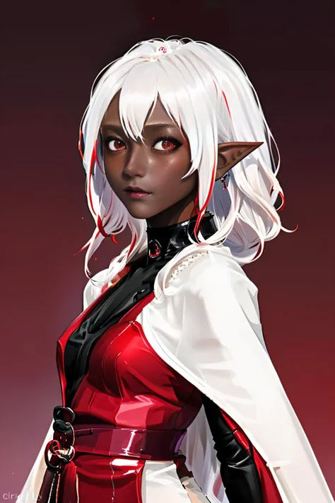 woman, <lora:gakki-auto-height:0.8> gakki<lora:DrowT:0.8> DrowT, dark elf, dark-skinned female, long red dress,white hair