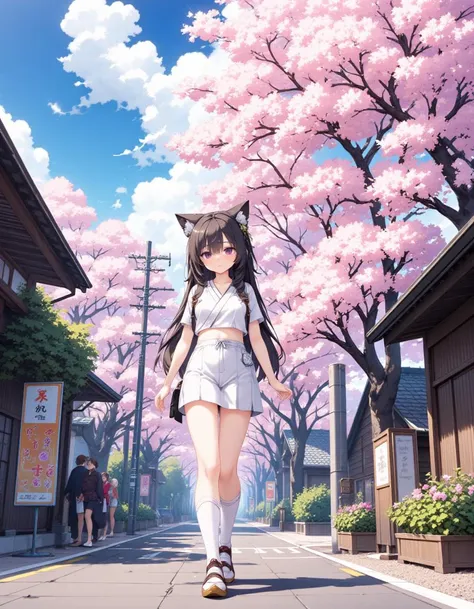 anime style, a girl wearing crop top and mini skrit walking on the street where cherry flowers blooms