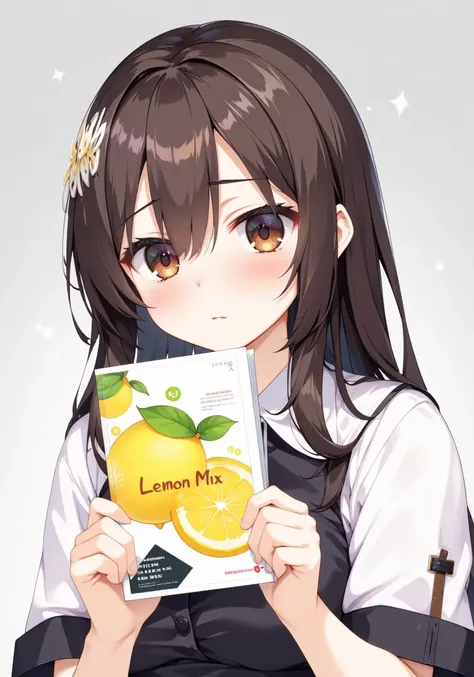 A  girl wearing acrop top high school uniform, holding up a book cover with text: "Lemon Mix" on it