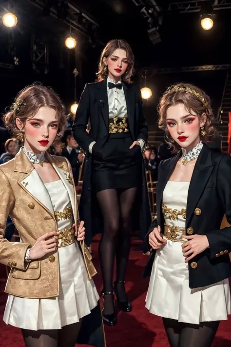highres,absurdres,masterpiece,best quality,original,extremely detailed CG,extremely detailed wallpaper,perfect lighting,jitome,lips,makeup,standing on the stage,3girls,
<lora:SUIT+oldmoneyoutfits_1:0.7>,old money,dress,pantyhose,coat,