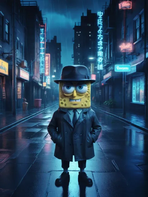 j_background , A cinematic image of SpongeBob SquarePants in a trench coat and fedora, standing broodingly in a dimly lit alleyway. The background reveals a cityscape with neon signs and a rain-slicked pavement. The overall atmosphere is reminiscent of a classic film noir detective story, <lora:20240316-1710576414420:0.8>