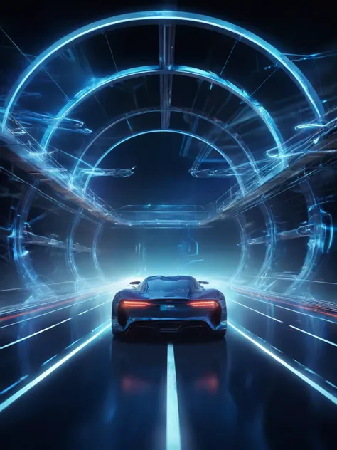 j_background, Design a futuristic racing circuit with sleek, aerodynamic cars speeding through high-tech tunnels and gravity-defying loops. Incorporate futuristic elements like holographic displays, energy barriers, and hovering drones capturing the action from above, <lora:20240316-1710576414420:0.8>