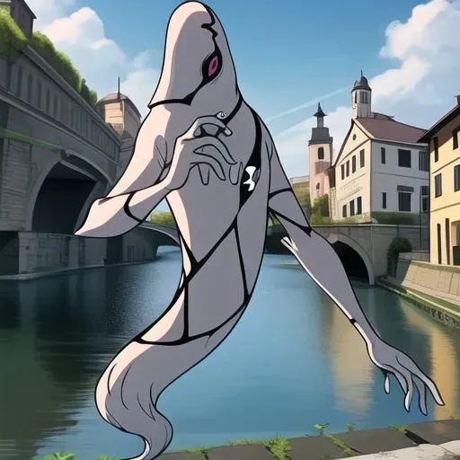 ghostfreak , full body, outdoors, river background, european houses, italiann houses, river bridge, eating icecream <lora:ghostfreak-10:1>, masterpiece, best quality