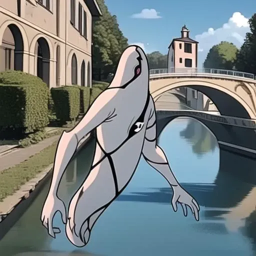 ghostfreak , full body, outdoors, river background, european houses, italiann houses, river bridge, eating icecream <lora:ghostfreak-10:1>, masterpiece, best quality