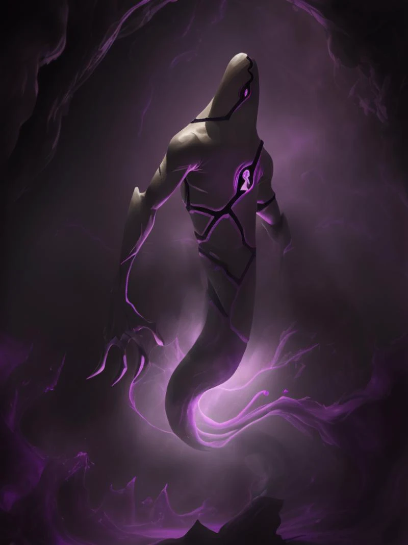 ghostfreak , full body, purple mana, purple shadows, purple smoke dark background, bright character, creepy monster, cave, masterpiece, best quality 