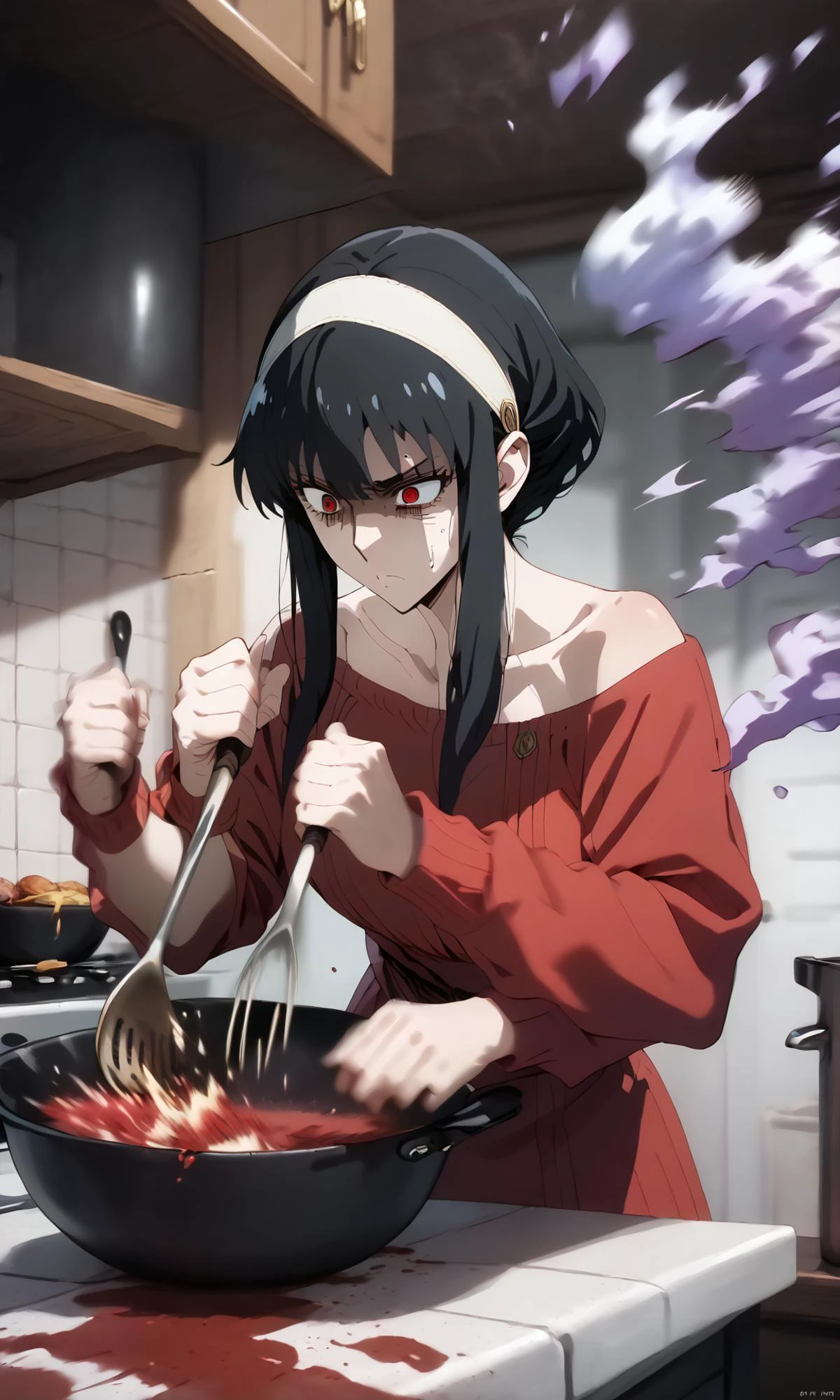 score_9, score_8_up, score_7_up,very aesthetic,upper body,
source_anime,best quality, masterpiece, ultra-detailed, high quality,
1girl,serious,(cooking:1.1),shaded face,
<lora:YorForgerXLpony004:0.85>,YorForger,black hair,red eyes,short hair with long locks, white hairband, off shoulder,red sweater,
<lora:rushpunchXLpony002:1> ,rushpunch,punching,(multiple hands:1.2),(fists:1.1),(clenched fists:1.1),(motion_blur:1.1),(motion line:1.1),dynamic cooking,
kitchen,(purple smoke:1.2),(splattered:1.2),(exploding food:1.2),salt ,sauce,(spilled:1.2),frying pan,eggshell,whisk,
<lora:intricate_details:1> ,intricate_details_xl,