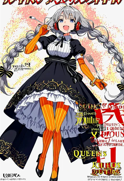 <lora:1_QB_Title_PONY_V1:1>(qb_title:1.2), (Title logo:1.2), Title Text, cover, zoom layer, Multi-layer, character name, author name, copyright name, watermark, simple background, white background, book cover, game cover,
1girl, solo, (full body), long shot, afterimage, look at viewer,
weapon, armor,
(Big fork, big spoon, fork is weapon, spoon is weapon, allusion to gluttony),
aroused,Drooling, hungry, open mouth,
<lora:KizunaAkari_MMD_Pony_V1:0.9>blue eyes, grey hair, ahoge, twin braids, braid, very long hair, hair ornament, hair tubes, headphones, headset,
black dress, lace-trimmed dress, short sleeves, puffy sleeves,
orange gloves, striped gloves, elbow gloves, fingerless gloves, bracelet,
orange pantyhose, striped pantyhose,
black footwear, high heels,
star print, star (symbol), vertical stripes,
(nsfw:1), (Uncensored:1), score_9, score_8_up, score_7_up, score_6_up, score_5_up, score_4_up,