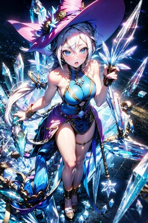 (ice crystal :1.75) spiral blizzard splash
spell magic hat witch wizard wand
long hair (messy hair floating :1.25) severe flow
<lora:apstyle3diff:0.5> apstyle3 apstyle masterpiece best quality detailed eyes
<lora:detail_slider_v4:1.75>
looking at viewer
full body standing  (from above:1.1)