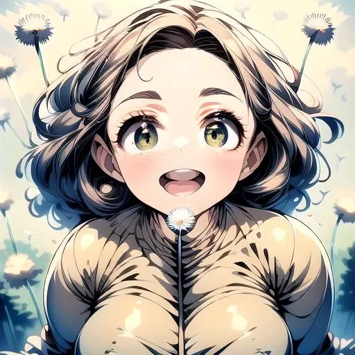 (masterpiece:1.4), high quality, high definition, sharp focus, detailed clothes, detailed body, detailed face, anime, best quality, 4k, 8k, absurd resolution, intricate detail, detailed hands, (detailed eyes:1.3), animation, illustration, highly detailed, highres, extremely detailed, <lora:hyperdenoiser_v090:0.6>, <lora:hyperrefiner_v090:0.6>, <lora:add_detail:0.3>, seductive smile, dress, (parted bangs:1.6), <lora:ETO_OC:0.2> ETO-OC, <lora:ETO_OCC006:0.7>, ETO_OCC, (curly hair:1.3), (long hair:1.1), black hair, thick eyebrows, pale skin, curvy, (plump:1.2), fat, 1girl, (hazel eyes:1.3), smiling, looking at viewer, mature female, open mouth, BREAK <lora:dandelion_seed_v2:0.5> (dandelion seeds floating:1.6), blow, (holding dandelion:1.4), (grabbing dandelion:1.4), sky, (Establishing shot), (dandelion:1.6)