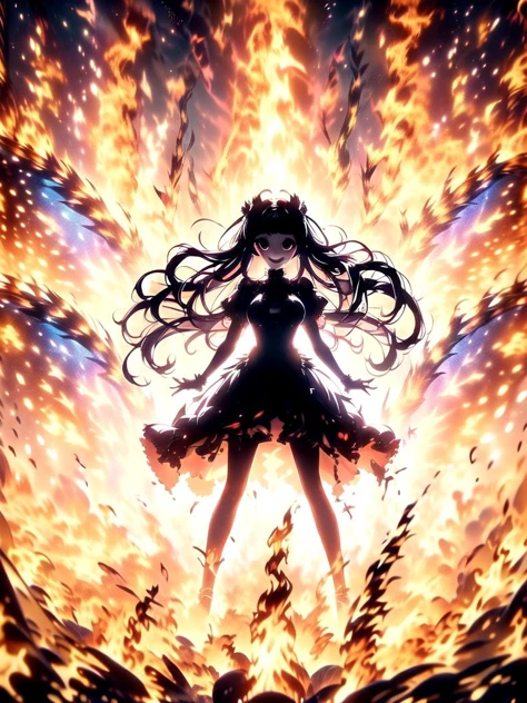 (masterpiece:1.4), high quality, high definition, sharp focus, detailed clothes, detailed body, detailed face, anime, best quality, 4k, 8k, absurd resolution, intricate detail, detailed hands, (detailed eyes:1.3), animation, illustration, highly detailed, highres, extremely detailed, <lora:add_detail:0.3>, seductive smile, (large breasts), (parted bangs:1.6), skindentation, <lora:ETO_OC:0.2> ETO-OC, <lora:ETO_OCC006:0.2>, ETO_OCC, (curly hair:1.3), (long hair:1.1), black hair, thick eyebrows, pale skin, curvy, (plump), fat, 1girl, (hazel eyes:1.3), smiling, looking at viewer, mature female, BREAK <lora:d3m0ndr3ss:0.8> d3m0ndr3ss, long dress, red dress, demon wings <lora:flameSilhouette:0.8> (((silhouette, burning, fire, flame, flaming, backlighting,black silhouette))),
