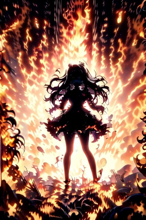 (masterpiece:1.4), high quality, high definition, sharp focus, detailed clothes, detailed body, detailed face, anime, best quality, 4k, 8k, absurd resolution, intricate detail, detailed hands, (detailed eyes:1.3), animation, illustration, highly detailed, highres, extremely detailed, <lora:add_detail:0.3>, (large breasts), (parted bangs:1.6), skindentation, <lora:ETO_OC:0.2> ETO-OC, <lora:ETO_OCC006:0.7>, ETO_OCC, (curly hair:1.3), (long hair:1.1), black hair, thick eyebrows, pale skin, curvy, (plump), fat, 1girl, (hazel eyes:1.3), looking at viewer, mature female, BREAK <lora:flameSilhouette:1> (((silhouette, burning, fire, flame, flaming, backlighting))), angry, glowing eyes, <lora:AnimeRage:0.8>, evil eyes, rage