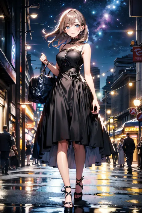 Adult woman with ginger hair, black dress, slender, full body 
(dark night building  city street :1.5) 
(masterpiece, best quality:1.3)