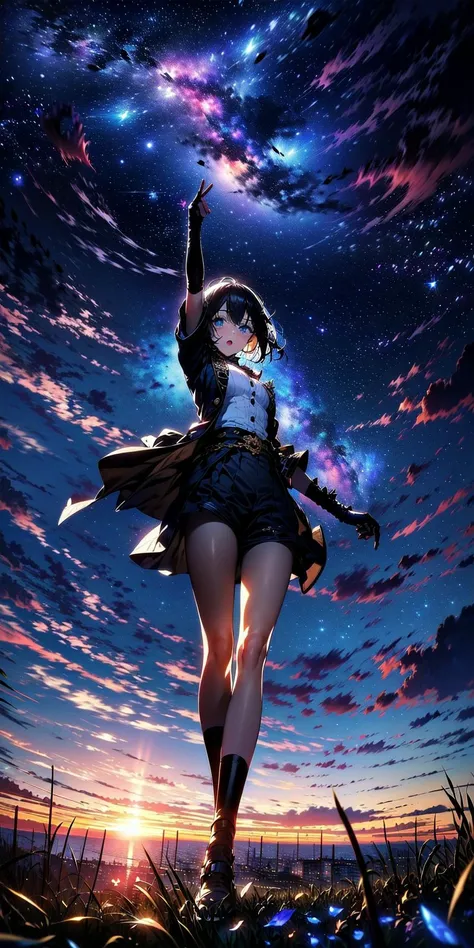 <lora:LAS:0.8> starry,stars cloud,colorful
highres, (official art, beautiful and aesthetic:1.2), close view, (arm up look up from below:1.2)
1girl, shining sky, vast world, gazing, awe-inspiring expression, distant horizon, clouds, high hill, natural beauty, inspiration, sky, Shining Stars,
(lighting shining brightest sky:1.2)
<lora:apstyle3diff:1> apstyle3 apstyle masterpiece best quality detailed eyes
<lora:detail_slider_v4:0.5>