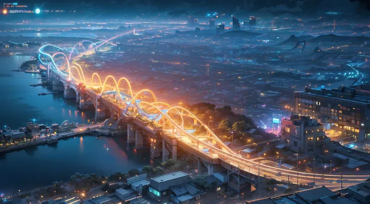 (masterpiece:1.3),(best quality:1.1)roller coaster,coast,dawn,full_shot,wide_shot,science fiction,night,from above,neon light,neon,LED,laser,no humans,scenery,park,cityscape,<lora:Detailed_Places_R-128_v1:0.7>,no humans,scenery,<lora:ttcolor:0.25>,ttcolor,colorful,