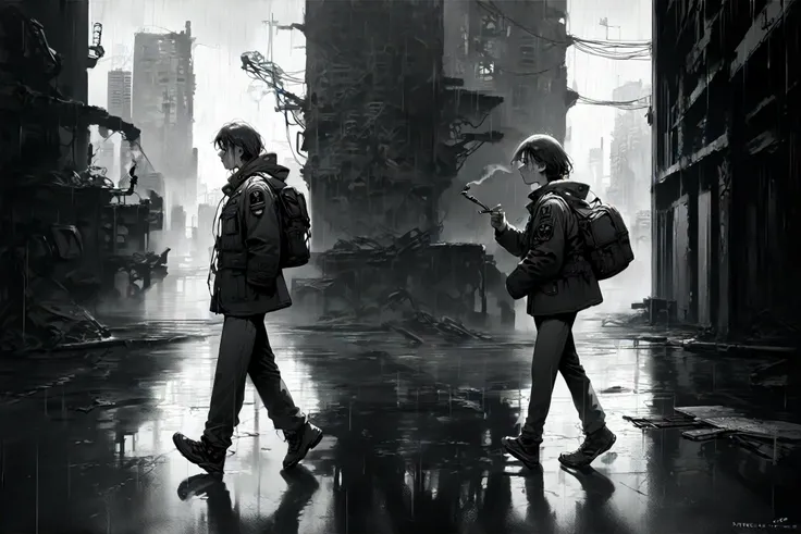 emotionless,looking at another walking full body from side
1girl,military,uniform,jacket2023,
abandoned ruin,pipe,rain,fragile,indoor,skyscraper,dark_background,monochrome,grey_scale
(score_9,score_8_up,score_7_up,score_6_up), rating_explicit, best quality, masterpiece, 2k,
shiny skin reflection,<lora:DetailedEyes_V3:0.8>