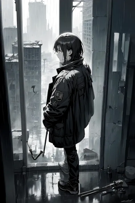 emotionless,looking at another walking full body from side
1girl,military,uniform,jacket2023,from above
abandoned ruin,pipe,rain,fragile,indoor,skyscraper,dark_background,monochrome,grey_scale
(score_9,score_8_up,score_7_up,score_6_up), rating_explicit, best quality, masterpiece, 2k,
shiny skin reflection,<lora:DetailedEyes_V3:0.8>