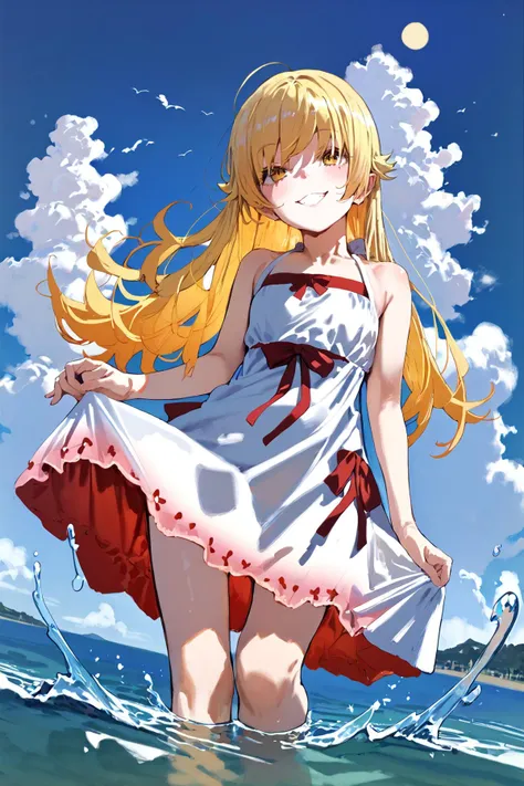 score_9_up, score_8_up, score_7_up,score_6_up,  <lora:Gold_can+PDXL3-000010:1> goldcan+ <lora:shinobu:1> oshino shinobu, blonde hair, long hair, yellow eyes, summer dress, white dress, standing, contrapposto, evil smile, outdoors, water, moon, star \(sky\),