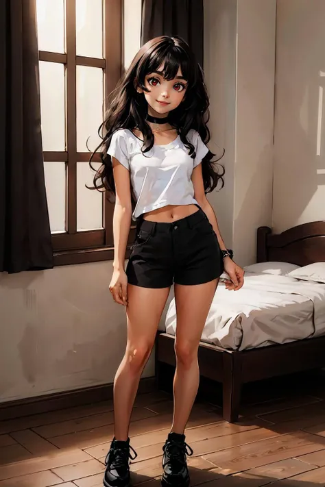 Miyumrkw, red eyes, long black hair, choker, white shirt, midriff, black shorts, black shoes, looking at viewer, smiling, full body shot, standing, inside a cozy bedroom, large bed, window, high quality, masterpiece, <lora:Miyumi_v2.2:.6>