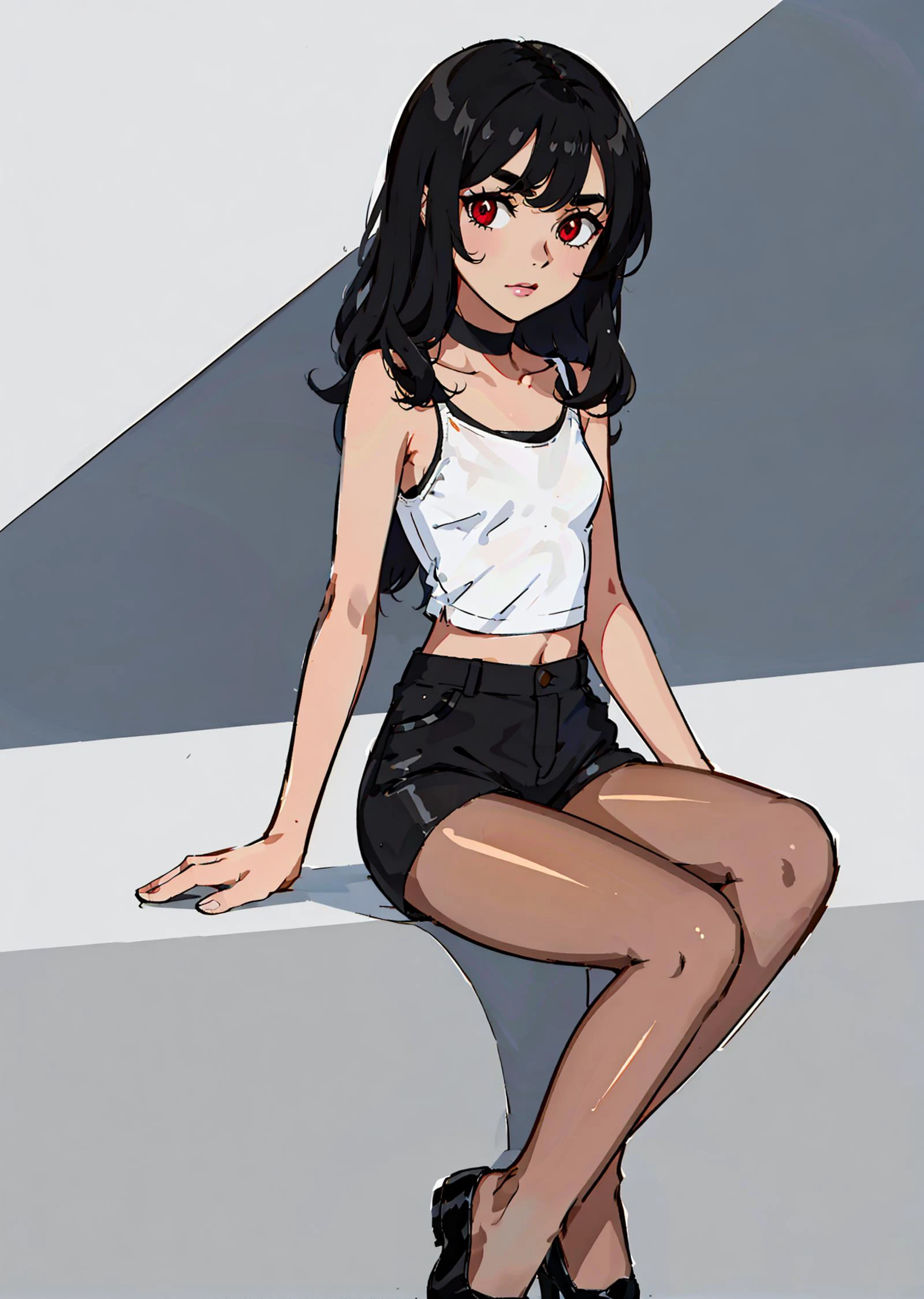 1 girl, ((masterpiece, sidelighting, beautiful eyes: 1.2), ultra-detailed, ultra high res, professional lighting, high quality makeup, beautiful detailed eyes), (best-quality:0.8), perfect anime illustration, beautiful, flat color background, full body ,<lora:Miyumi_v2:0.5>, Miyumrkw, miyumrkw face, black eyebrows, thic eyebrows, dark red eyes, (small breasts:1.2), <lora:kim_possible_offset:0.2>, white shirt, crop shirt, navel, black_choker, black_footwear, choker, collarbone, long_hair, <lora:perfectpantyhose:0.7>, black pantyhose, looking_at_viewer, black hair, shoes, black shorts, small shorts, black shoes, solo, sitting