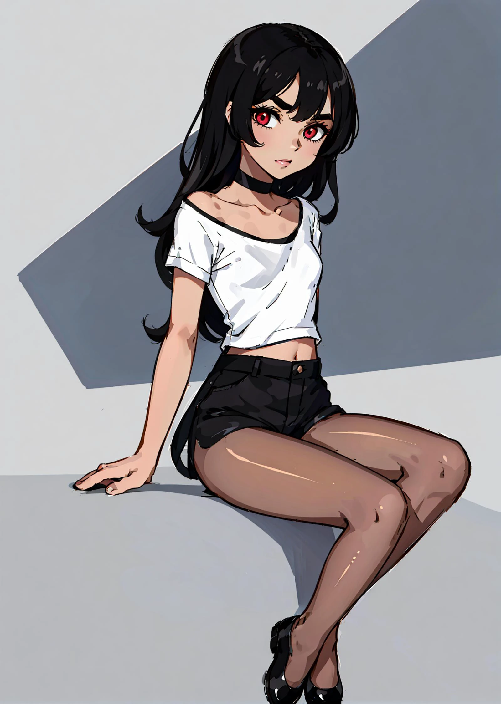 1 girl, ((masterpiece, sidelighting, beautiful eyes: 1.2), ultra-detailed, ultra high res, professional lighting, high quality makeup, beautiful detailed eyes), (best-quality:0.8), perfect anime illustration, beautiful, flat color background, full body ,<lora:Miyumi_v2:0.5>, Miyumrkw, miyumrkw face, black eyebrows, thic eyebrows, dark red eyes, (small breasts:1.2), <lora:kim_possible_offset:0.2>, white shirt, crop shirt, navel, black_choker, black_footwear, choker, collarbone, long_hair, <lora:perfectpantyhose:0.7>, black pantyhose, looking_at_viewer, black hair, shoes, black shorts, small shorts, black shoes, solo, sitting